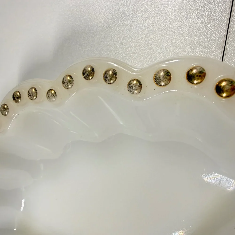 2 FIRE-KING Vintage White Milk Glass Gold Beaded Trim Serving Platter Relish